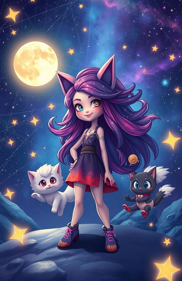 A cosmic landscape featuring a confident character named Luna with vibrant, galaxy-like flowing hair and an oversized head that adds charm