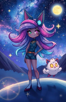 A cosmic landscape featuring a confident character named Luna with vibrant, galaxy-like flowing hair and an oversized head that adds charm