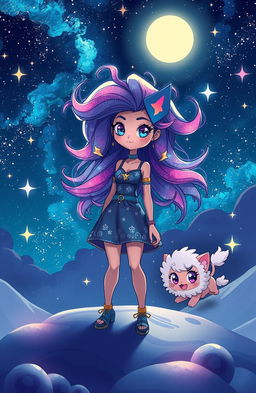 A cosmic landscape featuring a confident character named Luna with vibrant, galaxy-like flowing hair and an oversized head that adds charm