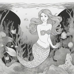 Cartoon-style mermaid under the sea, designed as a two-dimensional colouring page presented in black and white.