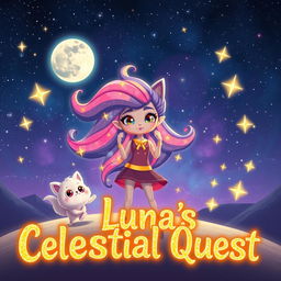 A cosmic landscape featuring a confident character named Luna with vibrant, galaxy-like flowing hair and an oversized head that adds charm