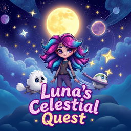 A cosmic landscape featuring a confident character named Luna with vibrant, galaxy-like flowing hair and an oversized head that adds charm