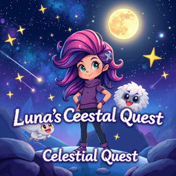 A cosmic landscape featuring a confident character named Luna with vibrant, galaxy-like flowing hair and an oversized head that adds charm