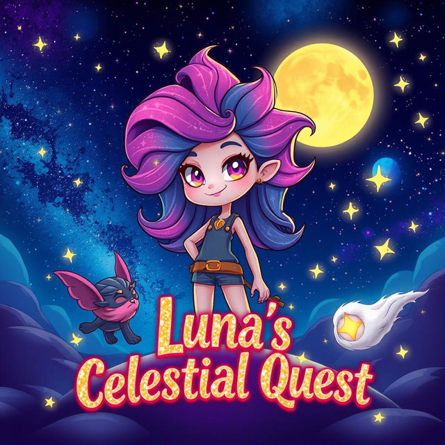 A cosmic landscape featuring a confident character named Luna with vibrant, galaxy-like flowing hair and an oversized head that adds charm