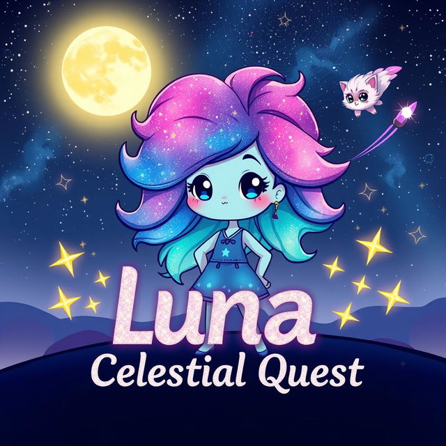 A cute character named Luna stands confidently in a stunning cosmic landscape, her vibrant, galaxy-like flowing hair giving a magical aura