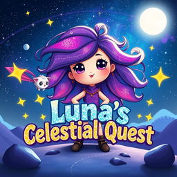 A cute character named Luna stands confidently in a stunning cosmic landscape, her vibrant, galaxy-like flowing hair giving a magical aura