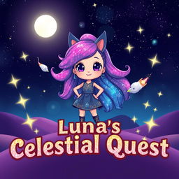 A cute character named Luna stands confidently in a stunning cosmic landscape, her vibrant, galaxy-like flowing hair giving a magical aura