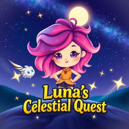A cute character named Luna stands confidently in a stunning cosmic landscape, her vibrant, galaxy-like flowing hair giving a magical aura