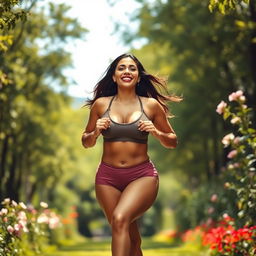 A stunning Latina woman with curvy features, exhibiting confidence and beauty, running gracefully through a vibrant green park