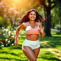 A stunning Latina woman with curvy features, exhibiting confidence and beauty, running gracefully through a vibrant green park