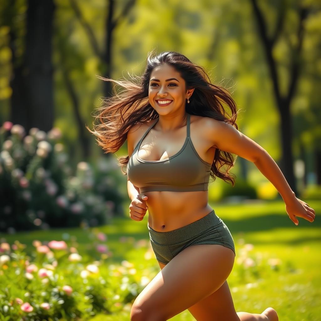 A stunning Latina woman with curvy features, exhibiting confidence and beauty, running gracefully through a vibrant green park