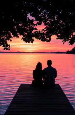 A stunningly beautiful sunset over a tranquil lake, bathed in warm orange and pink hues, with gentle ripples on the water's surface reflecting the vibrant colors of the sky