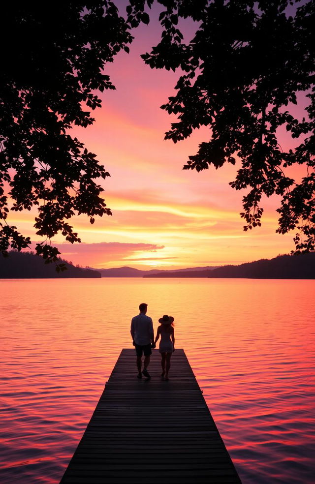 A stunningly beautiful sunset over a tranquil lake, bathed in warm orange and pink hues, with gentle ripples on the water's surface reflecting the vibrant colors of the sky