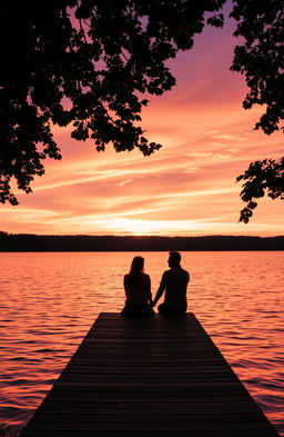 A stunningly beautiful sunset over a tranquil lake, bathed in warm orange and pink hues, with gentle ripples on the water's surface reflecting the vibrant colors of the sky