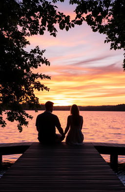 A stunningly beautiful sunset over a tranquil lake, bathed in warm orange and pink hues, with gentle ripples on the water's surface reflecting the vibrant colors of the sky