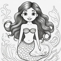 Two-dimensional, black and white cartoon-style mermaid designed for a colouring page.