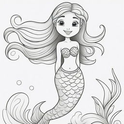 Two-dimensional, black and white cartoon-style mermaid designed for a colouring page.