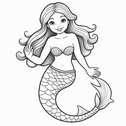 Two-dimensional, black and white cartoon-style mermaid designed for a colouring page.