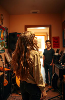 A girl singing passionately in a music room, facing away from the viewer