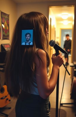 A girl singing passionately in a music room, facing away from the viewer