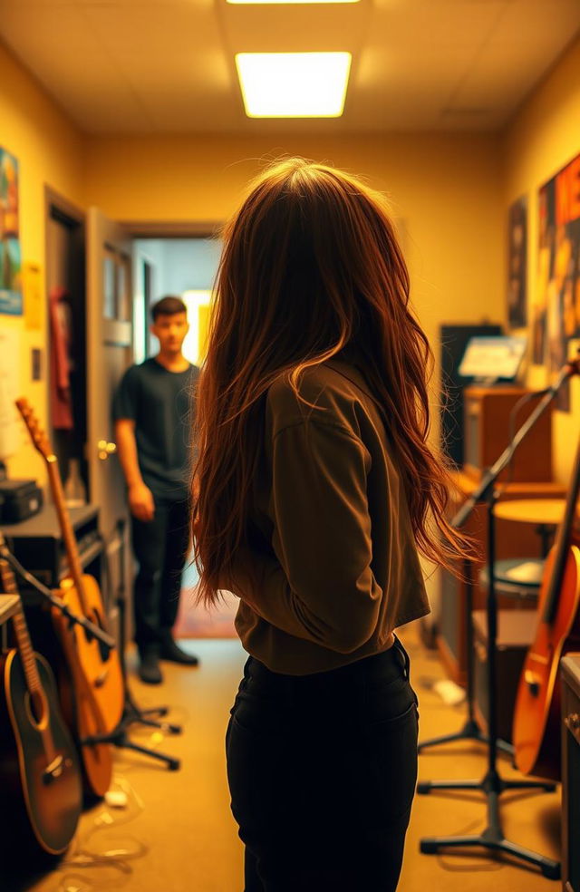 A girl singing passionately in a music room, facing away from the viewer