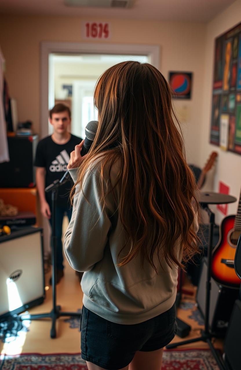 A girl singing passionately in a music room, facing away from the viewer