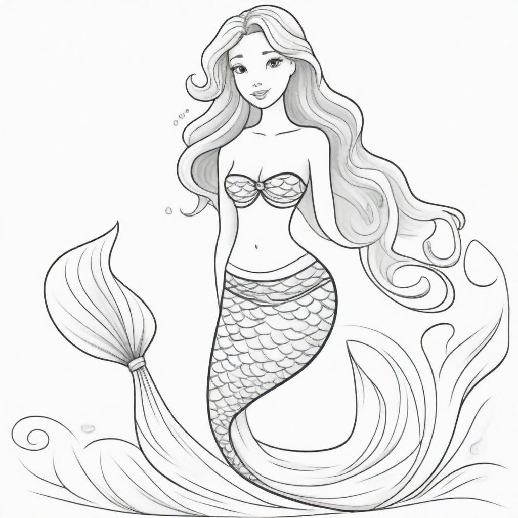 Two-dimensional, black and white cartoon-style mermaid designed for a colouring page.