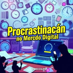 A visually striking book cover about digital procrastination, featuring bold typography that reads 'Procrastinação no Mercado Digital' prominently