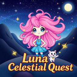 A cute character named Luna stands confidently in a mesmerizing cosmic landscape, her vibrant hair flowing like a galaxy and creating a magical ambiance