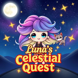 A cute character named Luna stands confidently in a mesmerizing cosmic landscape, her vibrant hair flowing like a galaxy and creating a magical ambiance