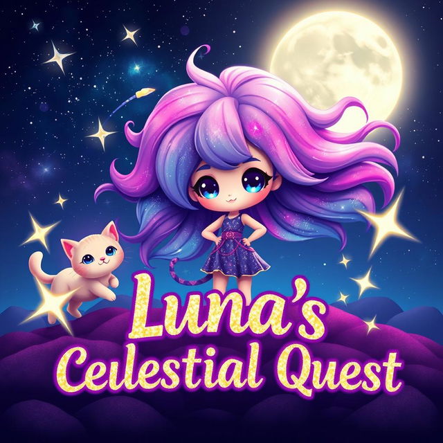 A cute character named Luna stands confidently in a mesmerizing cosmic landscape, her vibrant hair flowing like a galaxy and creating a magical ambiance