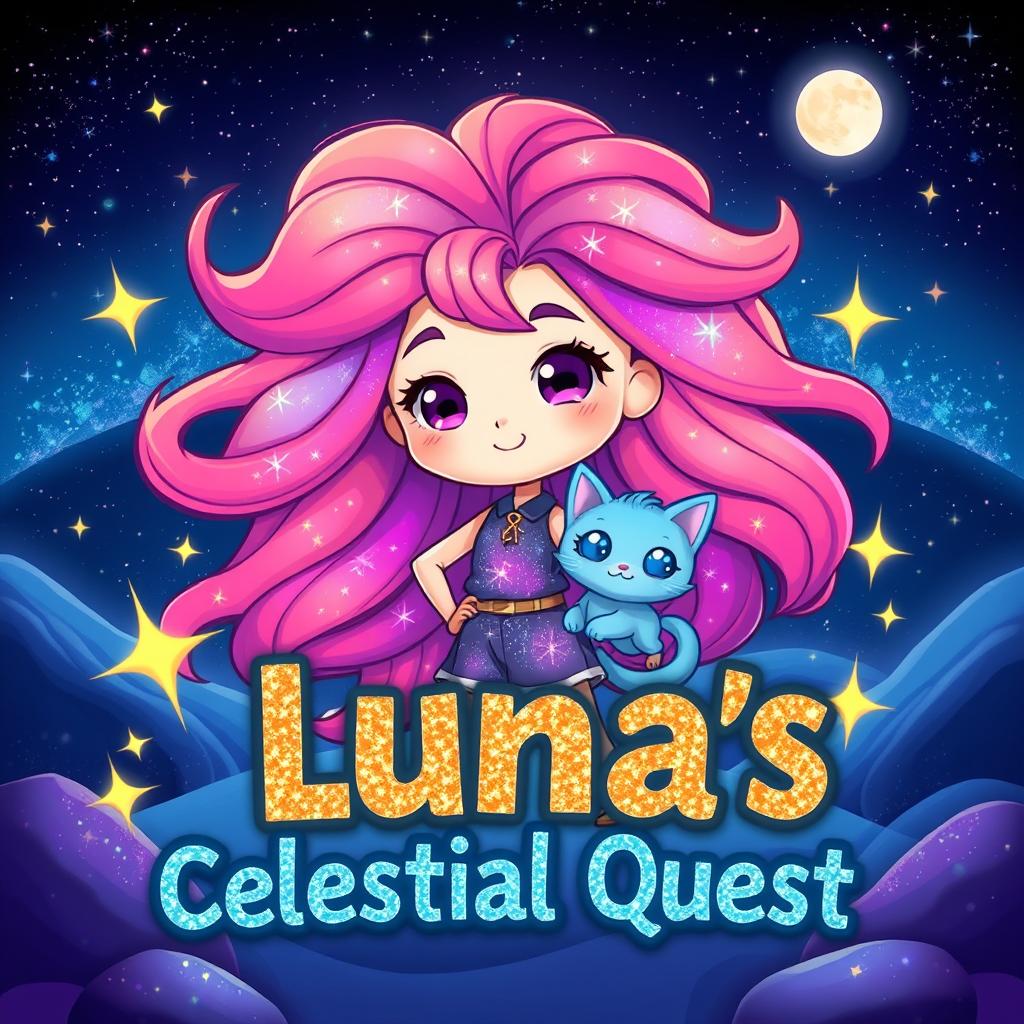 A cute character named Luna stands confidently in a mesmerizing cosmic landscape, her vibrant hair flowing like a galaxy and creating a magical ambiance