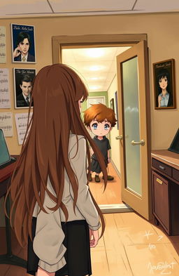 A girl singing in a music room, facing away from the viewer, with long flowing hair and wearing a stylish outfit