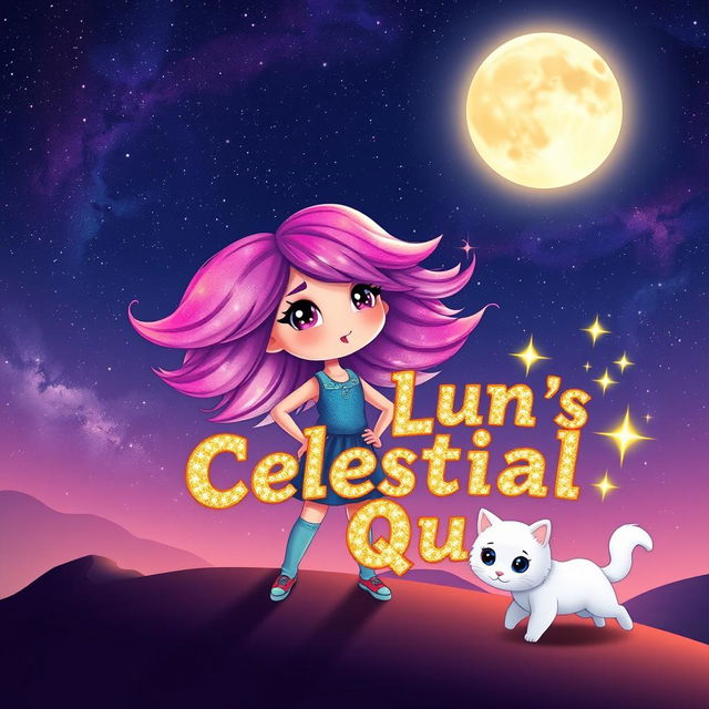 A cute character named Luna stands confidently in a breathtaking cosmic landscape, her vibrant hair flowing like a galaxy, creating a mesmerizing visual effect