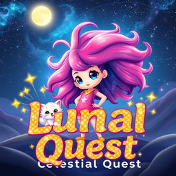 A cute character named Luna stands confidently in a breathtaking cosmic landscape, her vibrant hair flowing like a galaxy, creating a mesmerizing visual effect