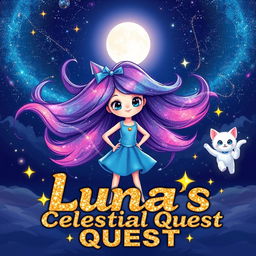A cute character named Luna stands confidently in a breathtaking cosmic landscape, her vibrant hair flowing like a galaxy, creating a mesmerizing visual effect