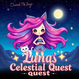 A cute character named Luna stands confidently in a breathtaking cosmic landscape, her vibrant hair flowing like a galaxy, creating a mesmerizing visual effect