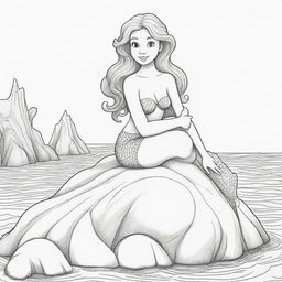 Two-dimensional, black and white cartoon-style mermaid sitting on a rock, designed for a colouring page.