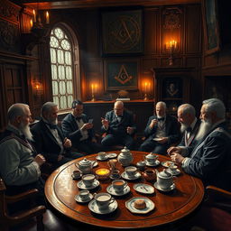 A detailed and atmospheric scene depicting a tea ceremony within a Masonic lodge