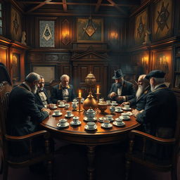 A detailed and atmospheric scene depicting a tea ceremony within a Masonic lodge