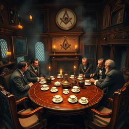 A detailed and atmospheric scene depicting a tea ceremony within a Masonic lodge