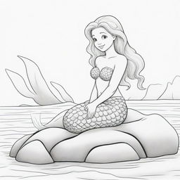 Two-dimensional, black and white cartoon-style mermaid sitting on a rock, designed for a colouring page.