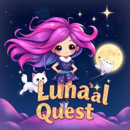 A cute character named Luna stands confidently in a captivating cosmic landscape, her vibrant hair flowing beautifully like a galaxy, creating a stunning visual effect