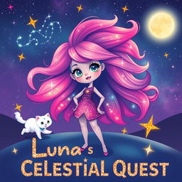 A cute character named Luna stands confidently in a captivating cosmic landscape, her vibrant hair flowing beautifully like a galaxy, creating a stunning visual effect