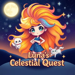 A cute character named Luna stands confidently in a captivating cosmic landscape, her vibrant hair flowing beautifully like a galaxy, creating a stunning visual effect