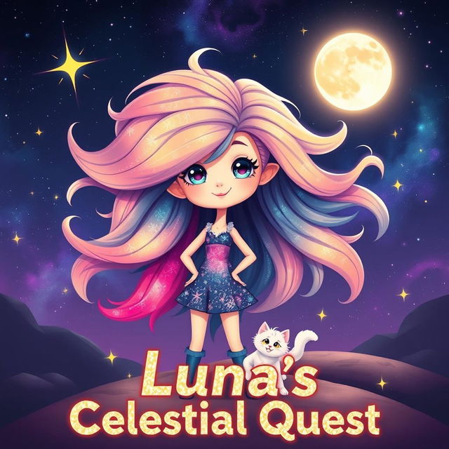 A cute character named Luna stands confidently in a captivating cosmic landscape, her vibrant hair flowing beautifully like a galaxy, creating a stunning visual effect