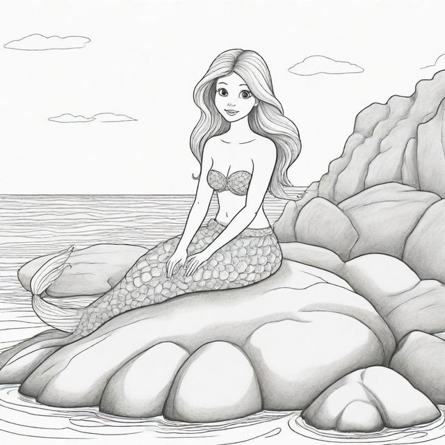 Two-dimensional, black and white cartoon-style mermaid sitting on a rock, designed for a colouring page.