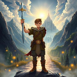 An epic book cover illustration featuring a heroic young man with determined eyes, standing confidently while holding a gleaming sword raised high