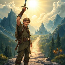 An epic book cover illustration featuring a heroic young man with determined eyes, standing confidently while holding a gleaming sword raised high