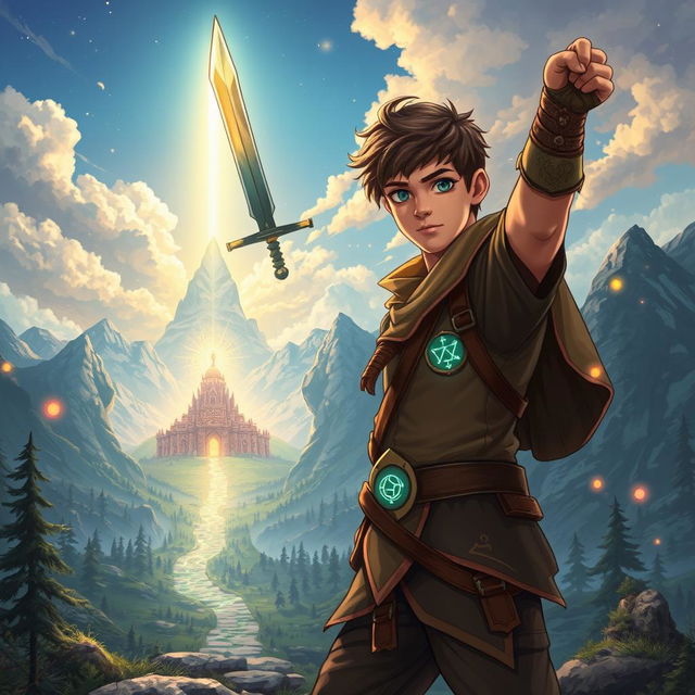 An epic book cover illustration featuring a heroic young man with determined eyes, standing confidently while holding a gleaming sword raised high